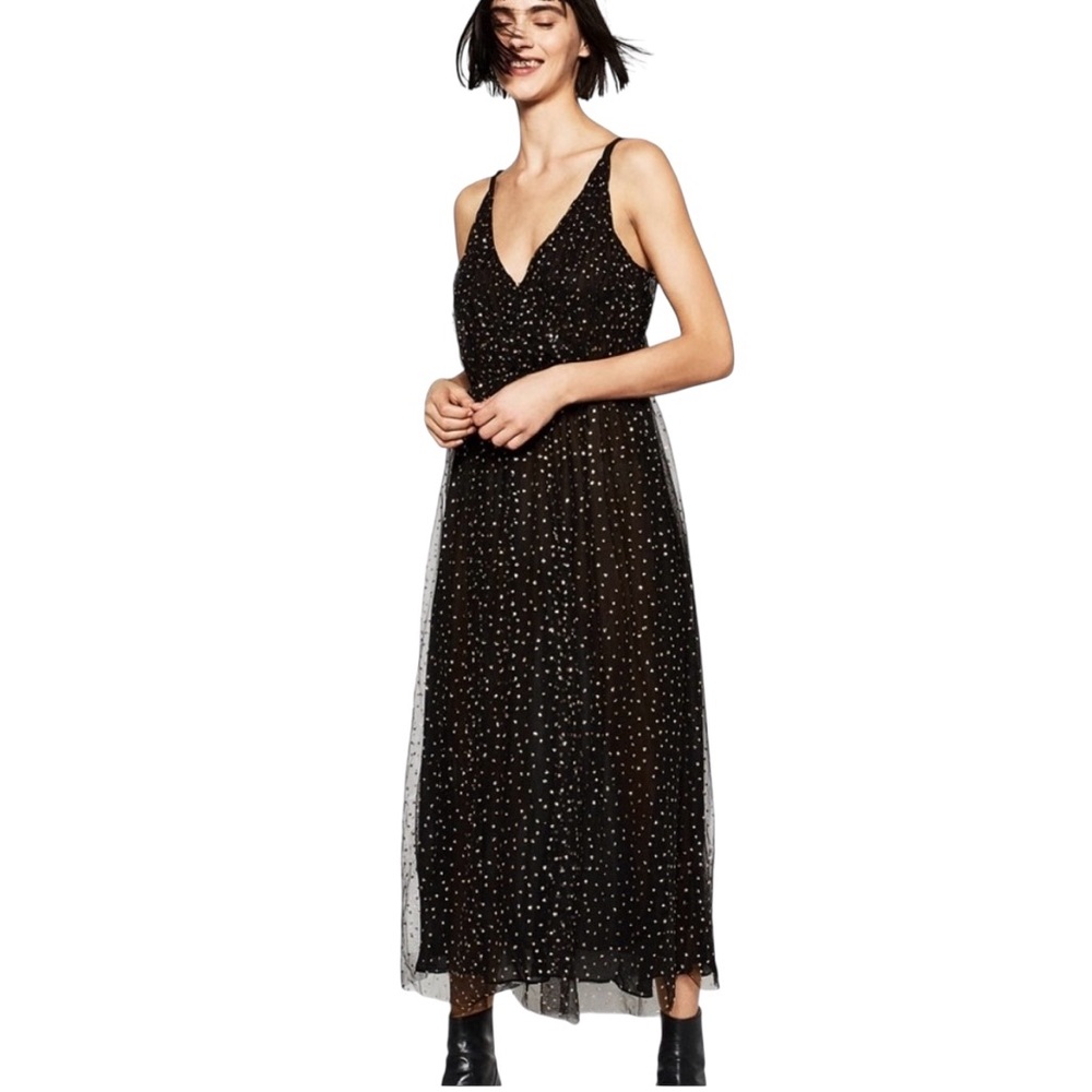NWT ZARA BLACK TULLE  STRAP MIDI DRESS WITH GOLD POLKA DOTS SIZE M